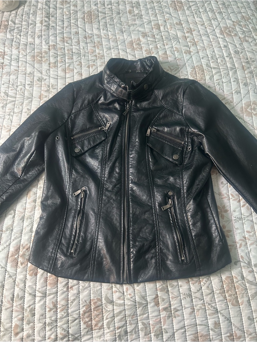 Women's Black Faux Leather Moto Jacket with Zip Details